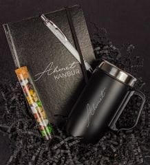 eJOYA Kişiye Özel Tasarım Defter Kalem & Kişiye Özel Termos & Çakıl Taşı Çikolata Hediye Seti 111553