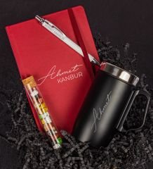 eJOYA Kişiye Özel Tasarım Defter Kalem & Kişiye Özel Termos & Çakıl Taşı Çikolata Hediye Seti 111555