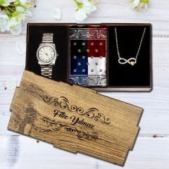 eJOYA Kişiye Özel Ahşap Kutulu Metal Saat & 925 Ayar Gümüş Kalpli Sonsuzluk Kolye  & Fular Hediye Kutusu 114919