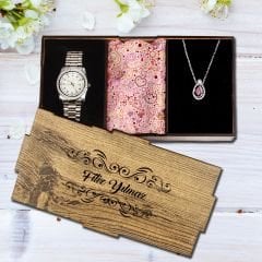 eJOYA Kişiye Özel Ahşap Kutulu Metal Saat & 925 Ayar Gümüş Damla Kolye  & Fular Hediye Kutusu 114932