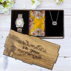 eJOYA Kişiye Özel Ahşap Kutulu Metal Saat & 925 Ayar Gümüş Sonsuzluk Kolye  & Fular Hediye Kutusu 114936