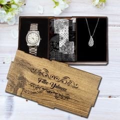 eJOYA Kişiye Özel Ahşap Kutulu Metal Saat & 925 Ayar Gümüş Melek Kanadı Kolye  & Fular Hediye Kutusu 114939