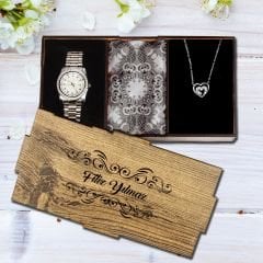 eJOYA Kişiye Özel Ahşap Kutulu Metal Saat & 925 Ayar Gümüş Kalp Kolye  & Fular Hediye Kutusu 114940