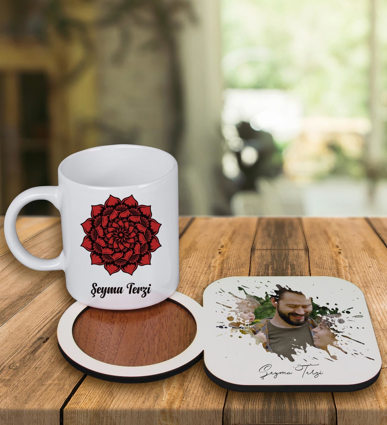 eJOYA Kişiye Özel Tasarım Kupa Bardak Ve Fotoğraflı Ahşap Bardak Altlığı 99236
