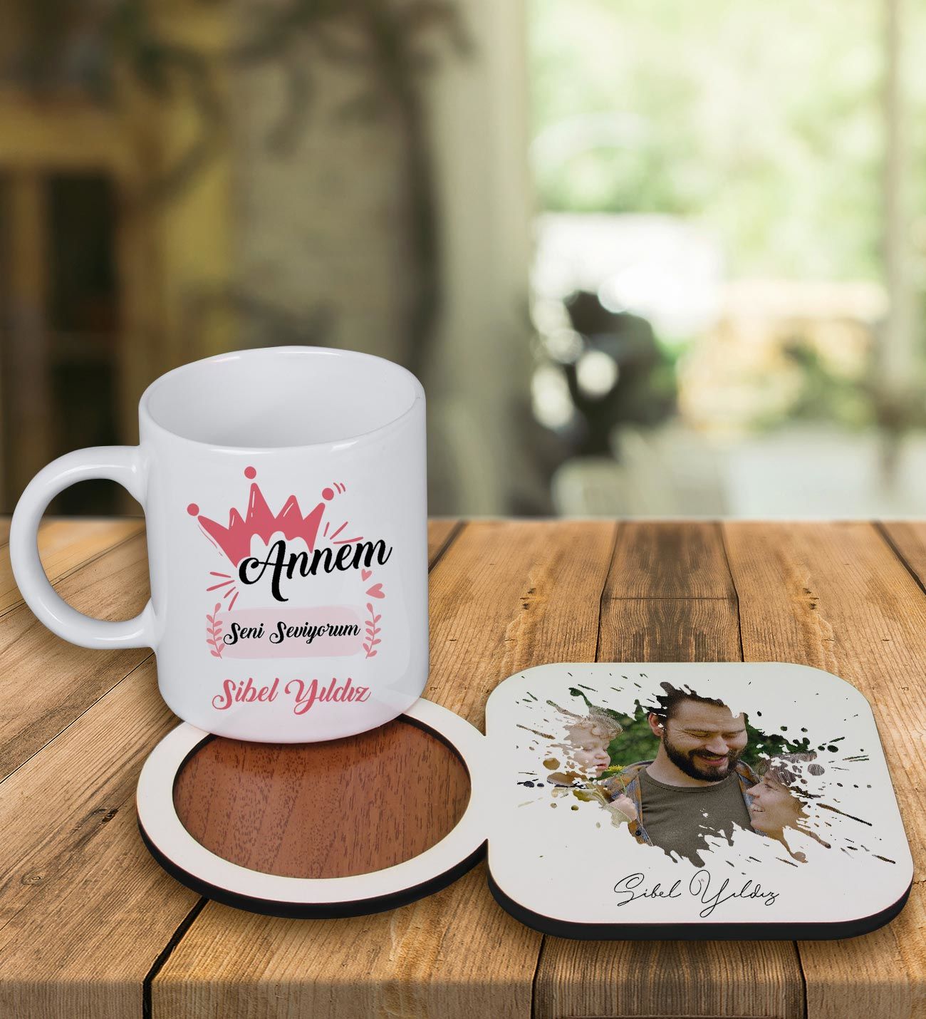 eJOYA Kişiye Özel Tasarım Kupa Bardak Ve Fotoğraflı Ahşap Bardak Altlığı 99245