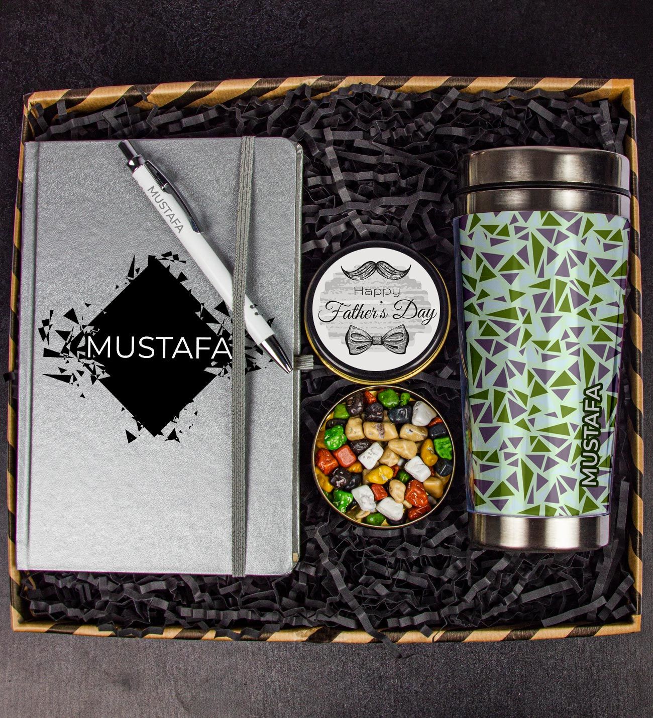 eJOYA Kişiye Özel Tasarım Defter Kalem & Kişiye Özel Çelik Termos Çikolatalı Hediye Kutusu 111559
