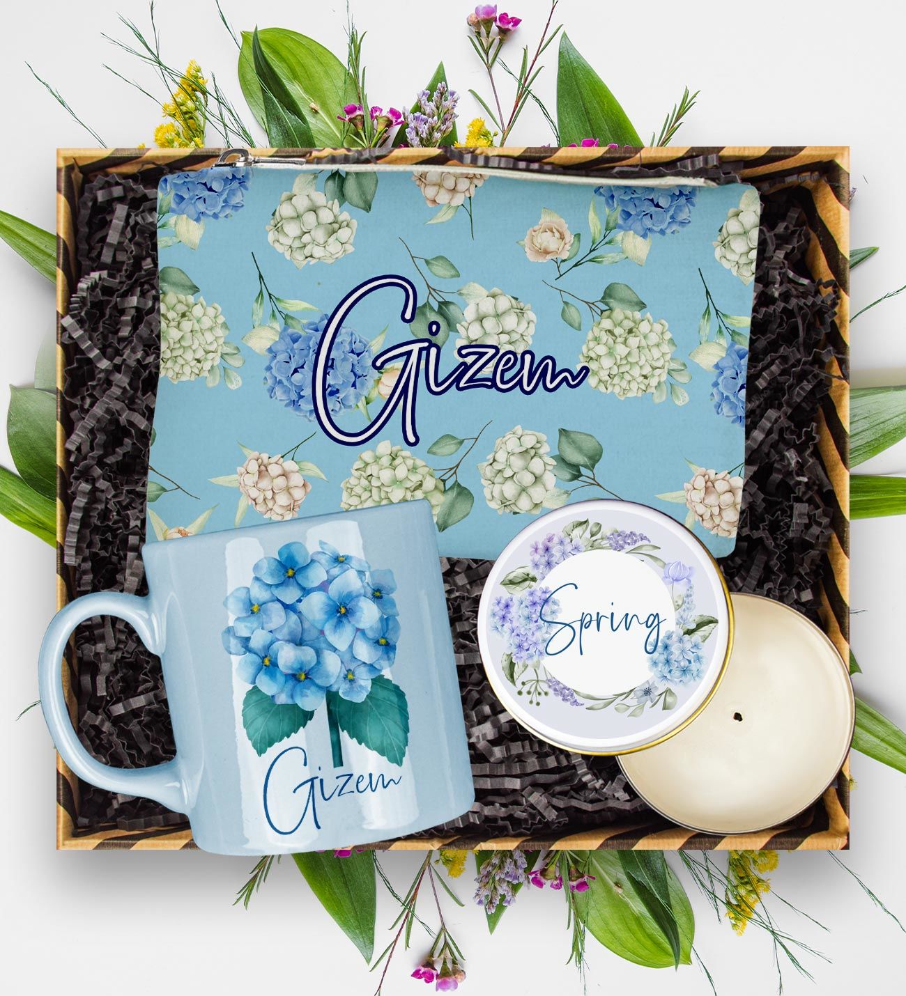 eJOYA Kişiye Özel Sümbül Çiçeği Tasarım Kupa & Makyaj Çantası & Mum Hediye Kutusu 113167