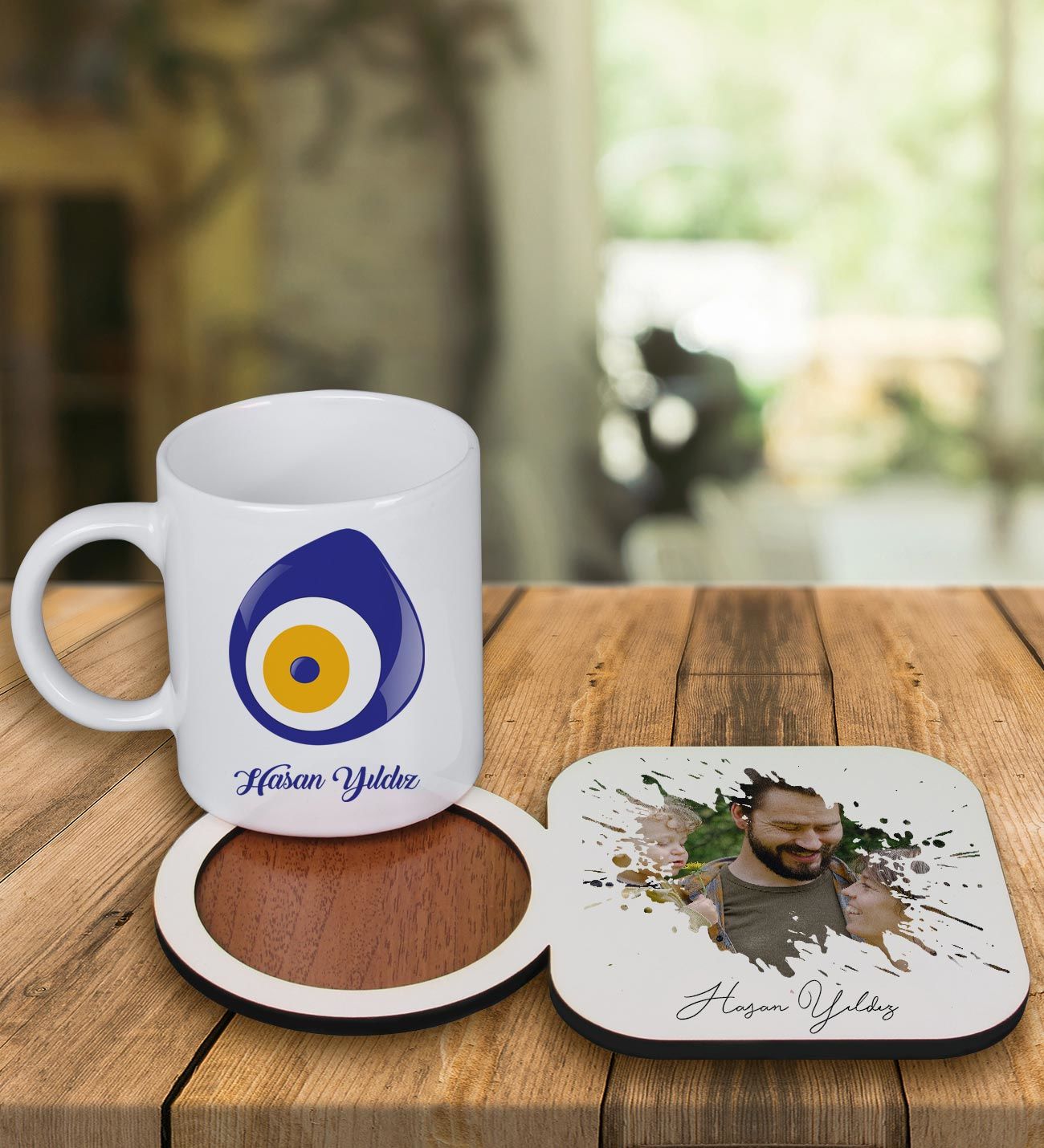 eJOYA Kişiye Özel Tasarım Kupa Bardak Ve Fotoğraflı Ahşap Bardak Altlığı 99261