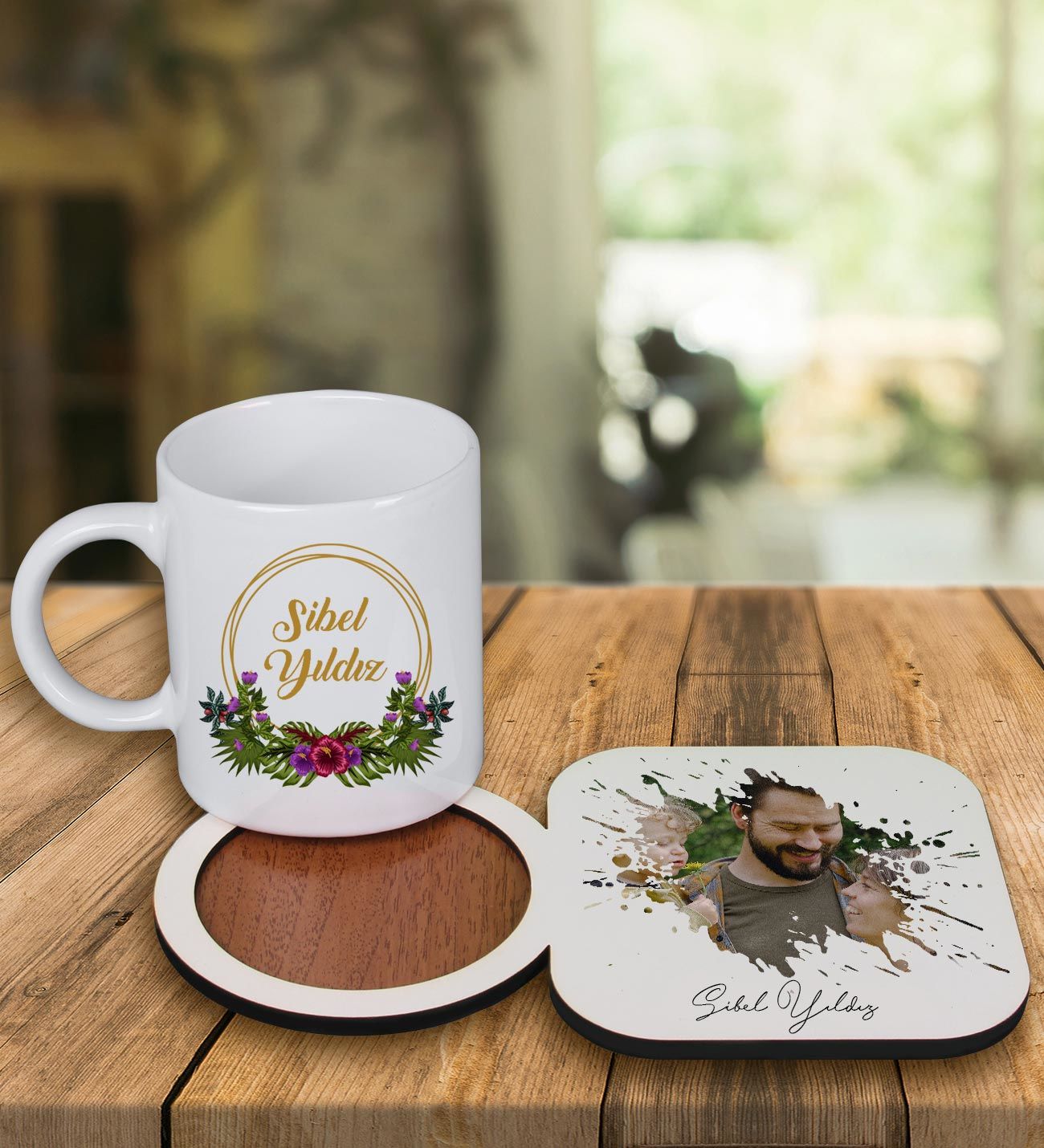 eJOYA Kişiye Özel Tasarım Kupa Bardak Ve Fotoğraflı Ahşap Bardak Altlığı 99275