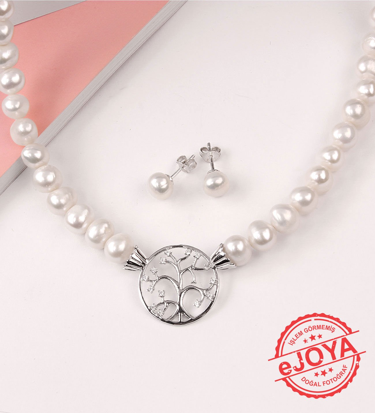 eJOYA Doğal İnci ve Altın Hayat Ağacı Kolye Küpe 74312