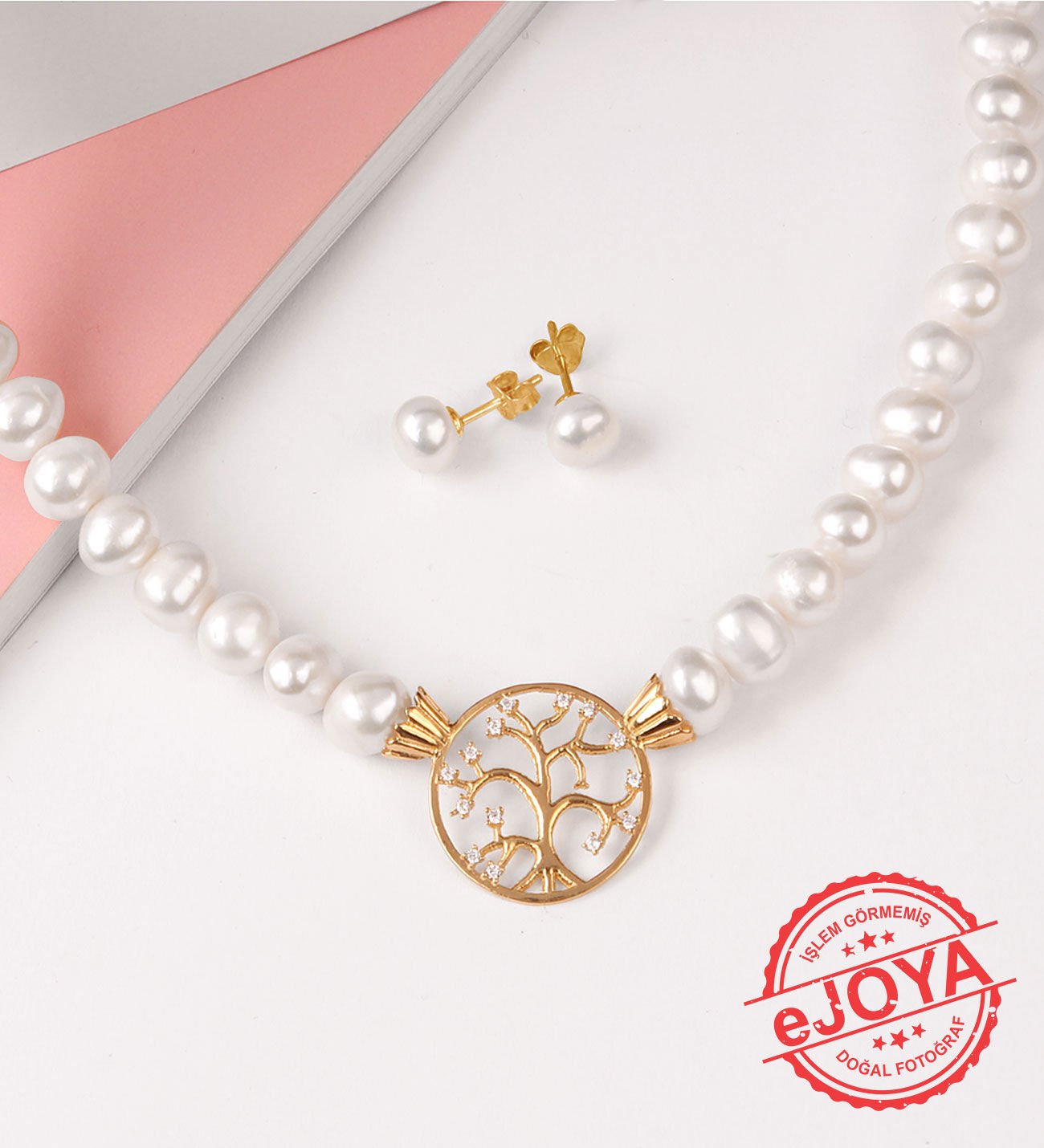 eJOYA Doğal İnci ve Altın Hayat Ağacı Kolye Küpe 74314