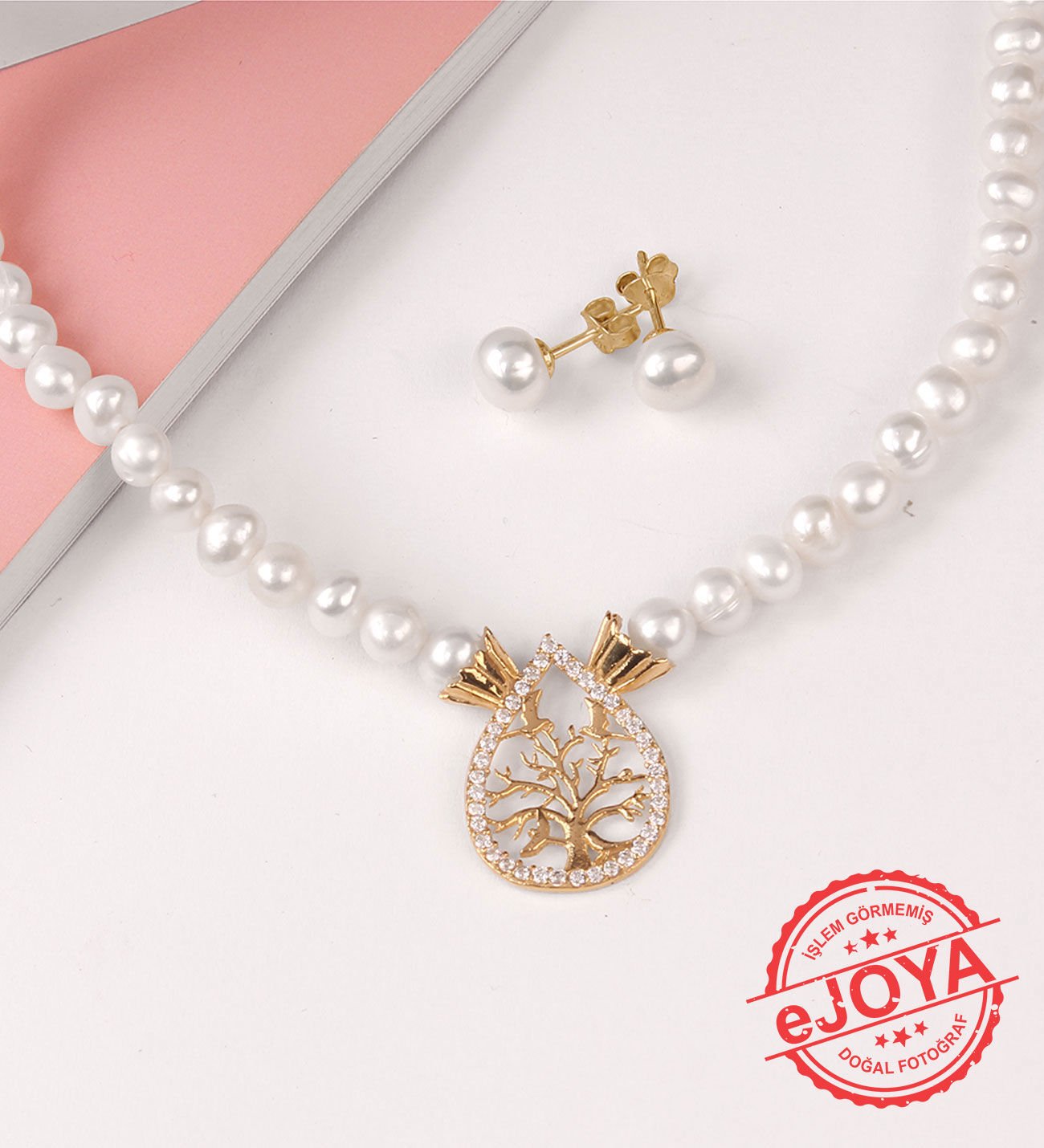 eJOYA Doğal İnci ve Altın Hayat Ağacı Kolye Küpe 74316