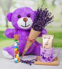eJOYA Kişiye Özel Türk Kahvesi Fincanı & Drajeler & Lavantalı Peluş Ayı Hediye Kutusu 111657