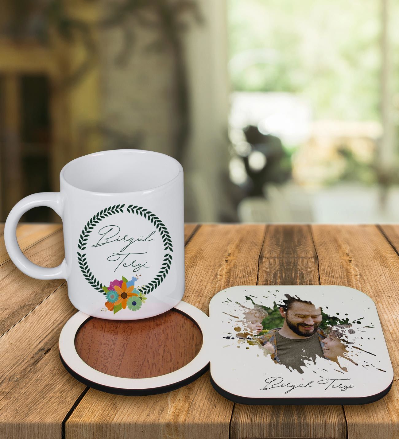 eJOYA Kişiye Özel Tasarım Kupa Bardak Ve Fotoğraflı Ahşap Bardak Altlığı 99309