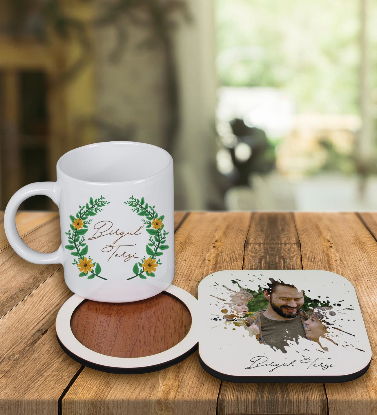 eJOYA Kişiye Özel Tasarım Kupa Bardak Ve Fotoğraflı Ahşap Bardak Altlığı 99310