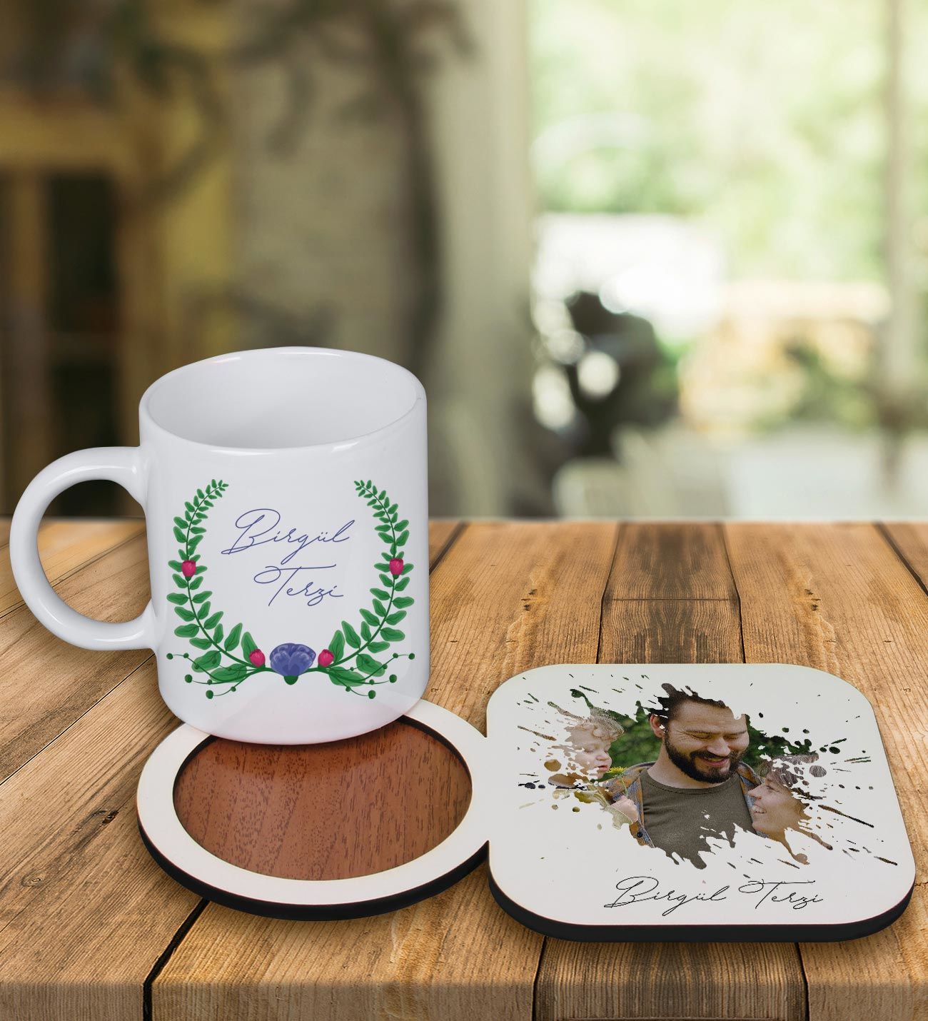 eJOYA Kişiye Özel Tasarım Kupa Bardak Ve Fotoğraflı Ahşap Bardak Altlığı 99313