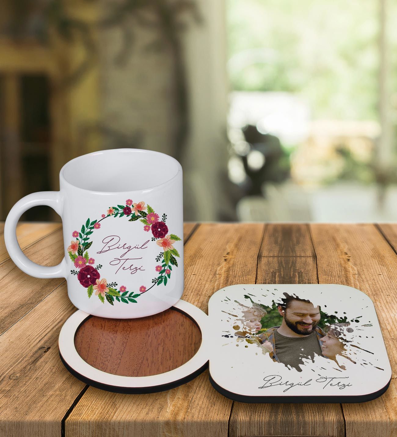 eJOYA Kişiye Özel Tasarım Kupa Bardak Ve Fotoğraflı Ahşap Bardak Altlığı 99315