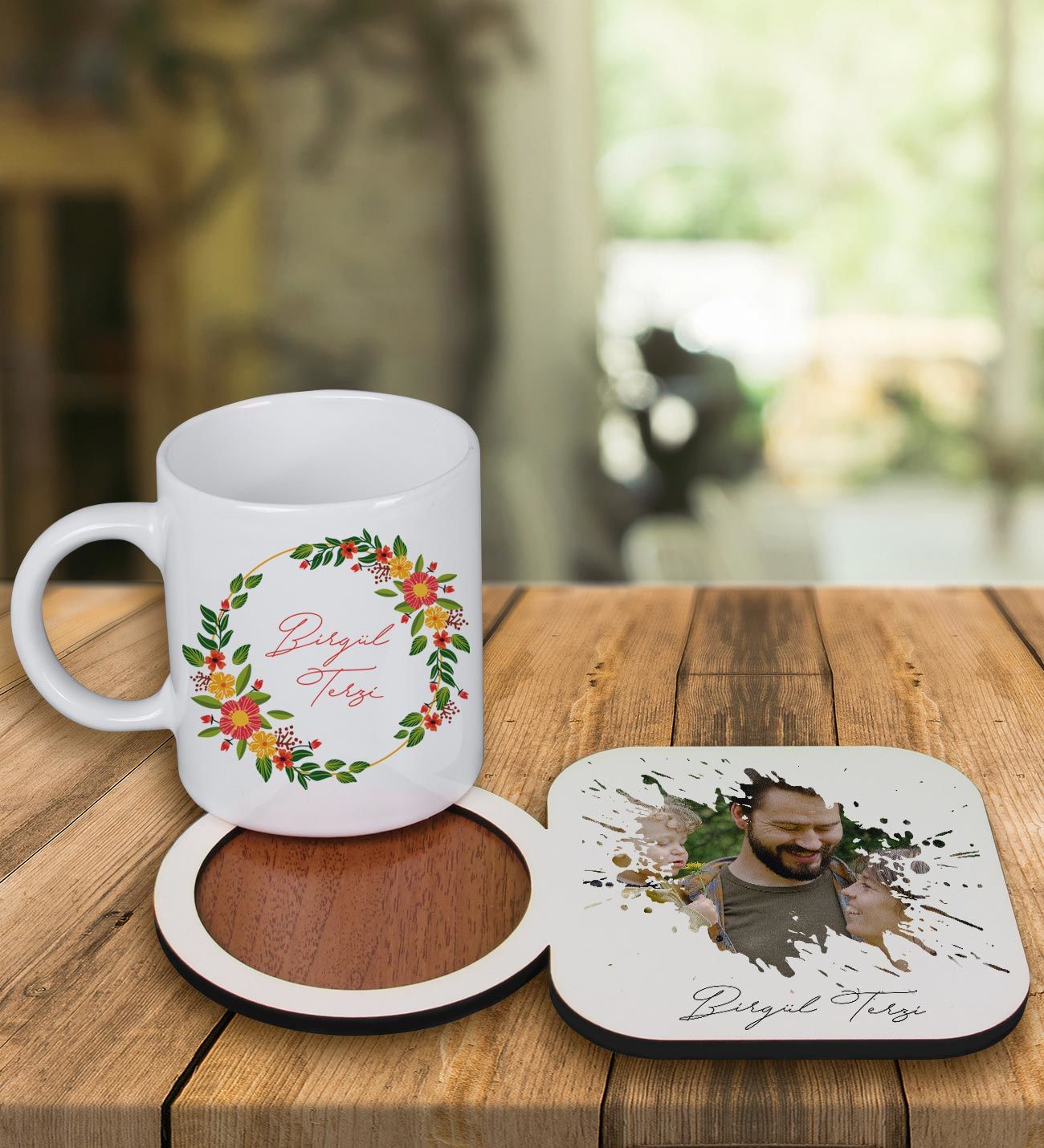 eJOYA Kişiye Özel Tasarım Kupa Bardak Ve Fotoğraflı Ahşap Bardak Altlığı 99316
