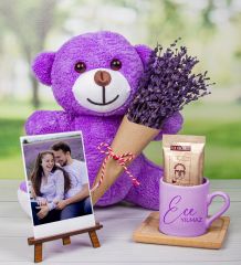 eJOYA Kişiye Özel Türk Kahvesi Fincanı & Fotoğraflık & Lavantalı Peluş Ayı Hediye Kutusu 111667