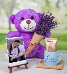 eJOYA Kişiye Özel Türk Kahvesi Fincanı & Fotoğraflık & Lavantalı Peluş Ayı Hediye Kutusu 111668