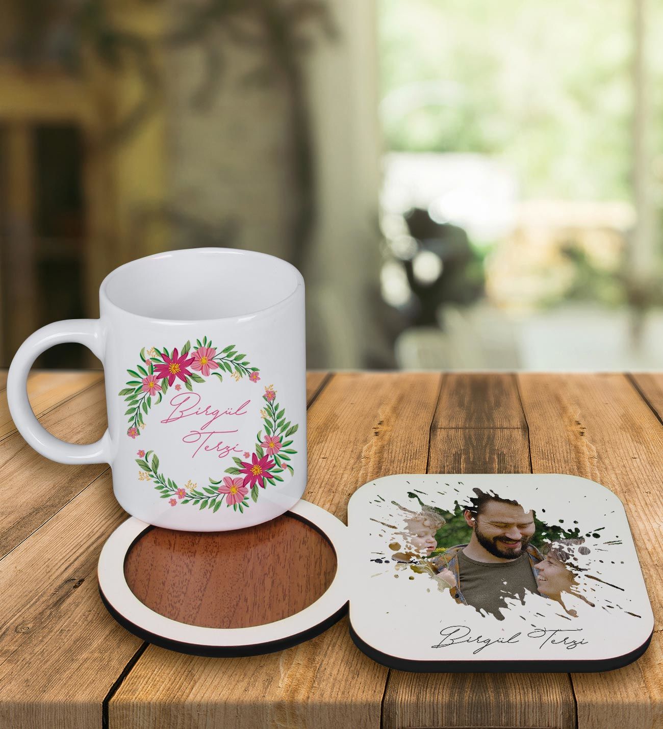 eJOYA Kişiye Özel Tasarım Kupa Bardak Ve Fotoğraflı Ahşap Bardak Altlığı 99319
