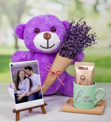 eJOYA Kişiye Özel Türk Kahvesi Fincanı & Fotoğraflık & Lavantalı Peluş Ayı Hediye Kutusu 111669