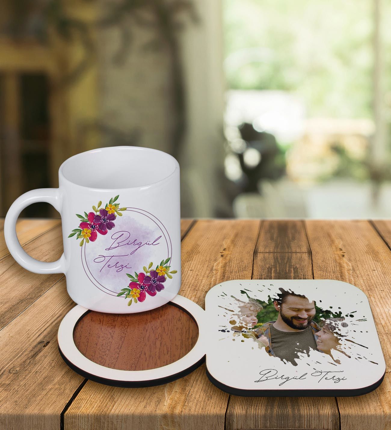 eJOYA Kişiye Özel Tasarım Kupa Bardak Ve Fotoğraflı Ahşap Bardak Altlığı 99334