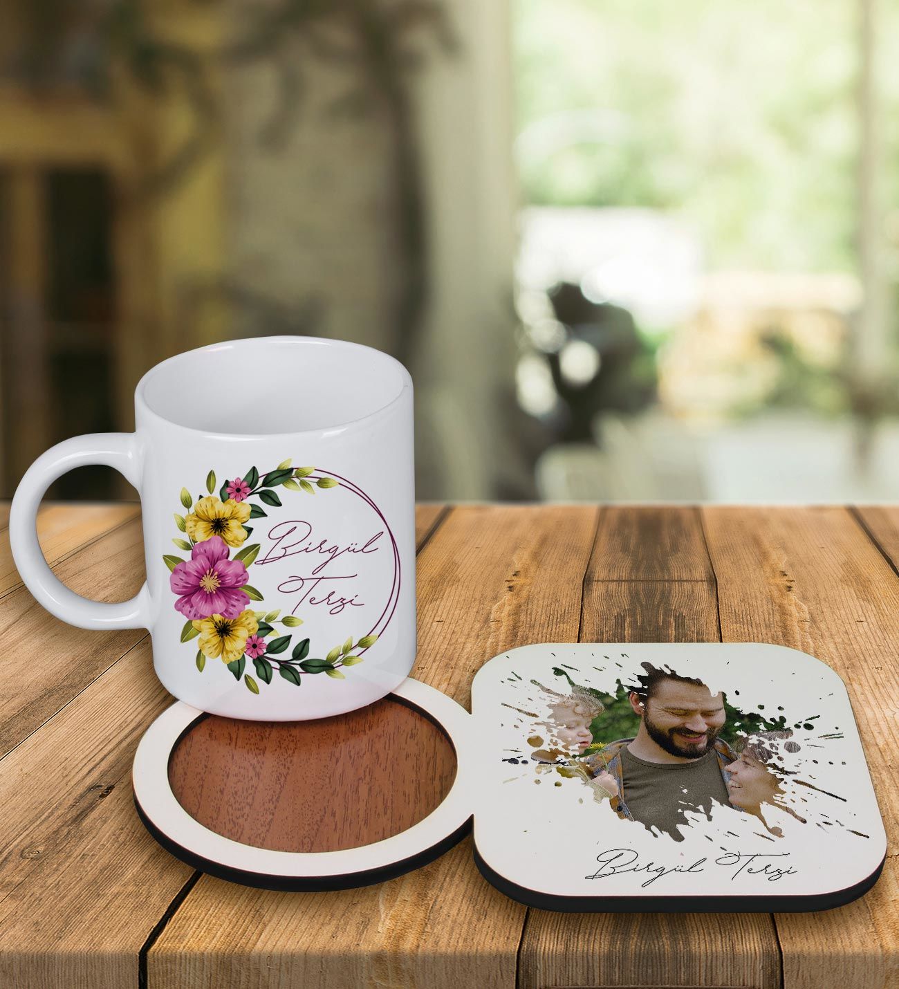 eJOYA Kişiye Özel Tasarım Kupa Bardak Ve Fotoğraflı Ahşap Bardak Altlığı 99354