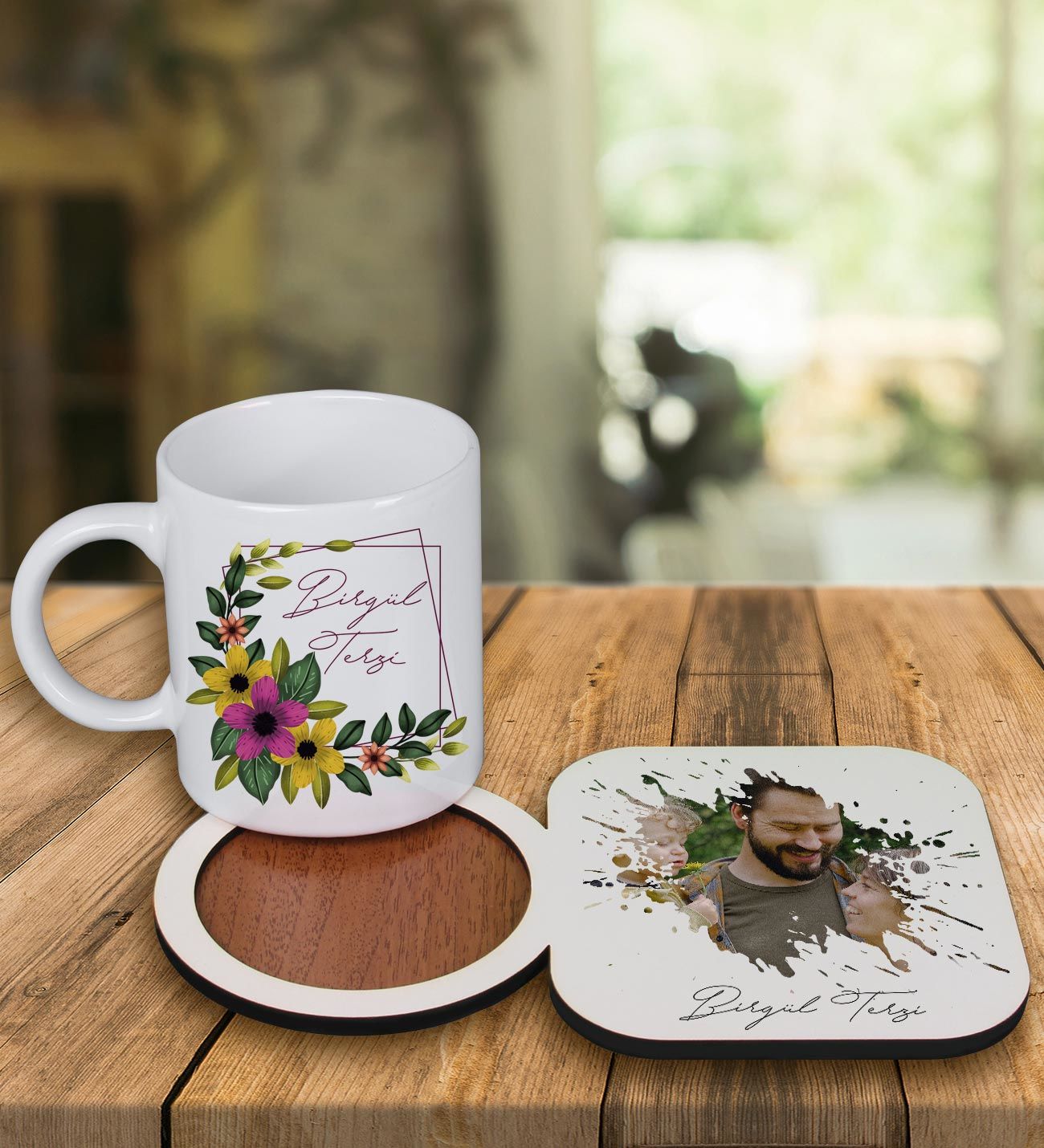 eJOYA Kişiye Özel Tasarım Kupa Bardak Ve Fotoğraflı Ahşap Bardak Altlığı 99356