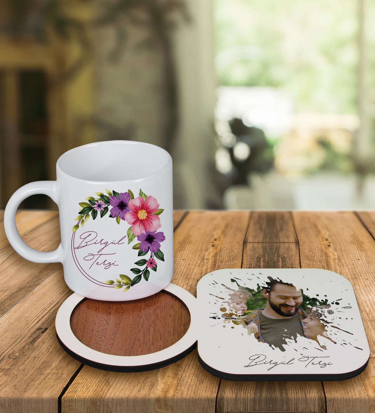 eJOYA Kişiye Özel Tasarım Kupa Bardak Ve Fotoğraflı Ahşap Bardak Altlığı 99357