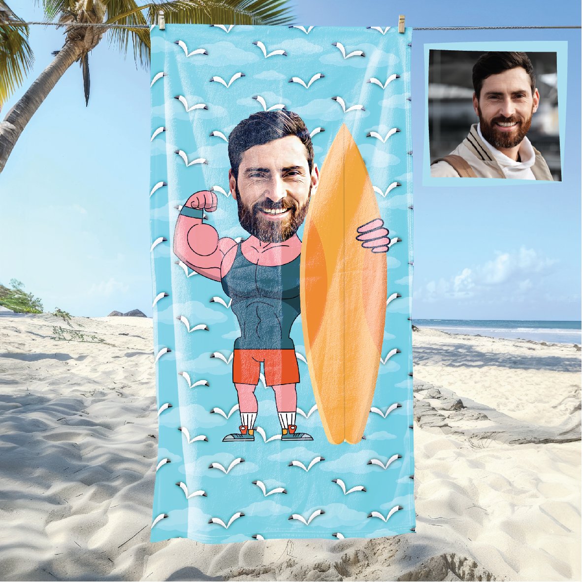 eJOYA Kişiye Özel Karikatür Fotoğraflı Sörfçü Plaj Ve Spor Havlusu 114989