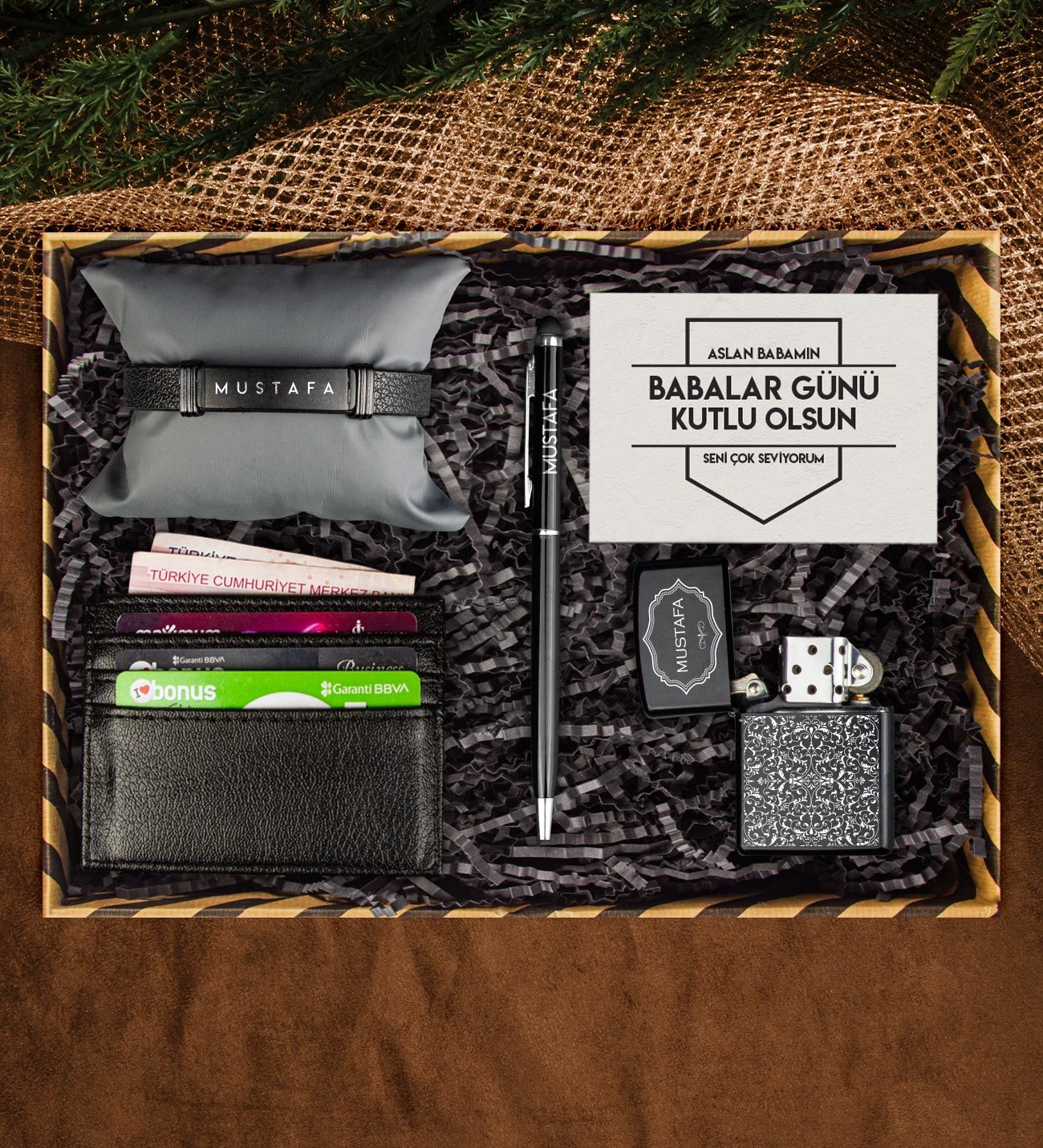 eJOYA Babalar Gününe Özel Zippo Model Çakmak & Kalem & Kartlık & Bileklik Hediye Kutusu 113355