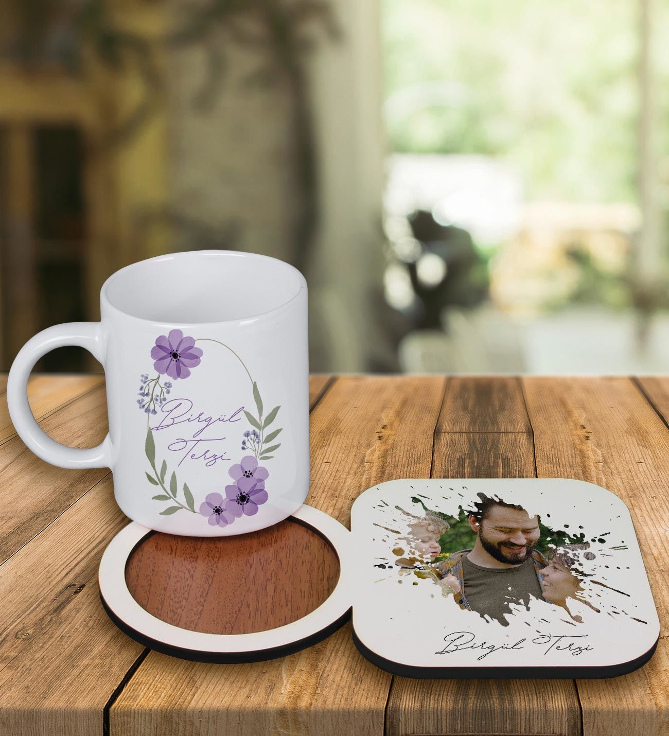 eJOYA Kişiye Özel Tasarım Kupa Bardak Ve Fotoğraflı Ahşap Bardak Altlığı 99367