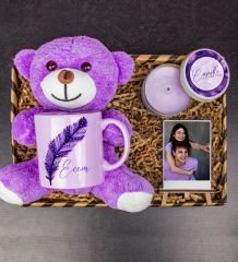 eJOYA Kişiye Özel Kupa & Mum & Mor Peluş Ayı & Fotoğraflık Hediye Kutusu 111746