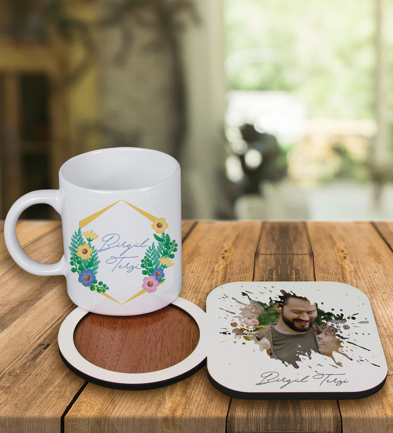 eJOYA Kişiye Özel Tasarım Kupa Bardak Ve Fotoğraflı Ahşap Bardak Altlığı 99375