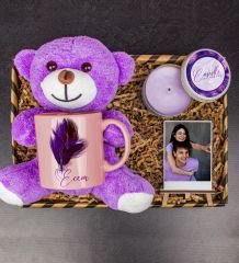 eJOYA Kişiye Özel Kupa & Mum & Mor Peluş Ayı & Fotoğraflık Hediye Kutusu 111749