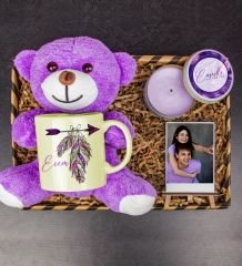 eJOYA Kişiye Özel Kupa & Mum & Mor Peluş Ayı & Fotoğraflık Hediye Kutusu 111750