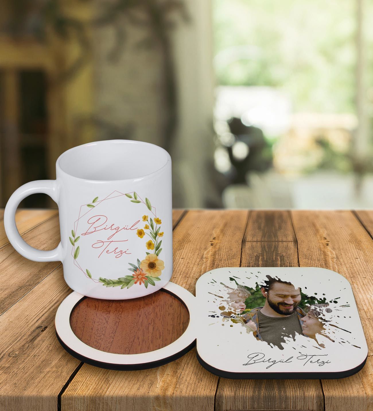 eJOYA Kişiye Özel Tasarım Kupa Bardak Ve Fotoğraflı Ahşap Bardak Altlığı 99381